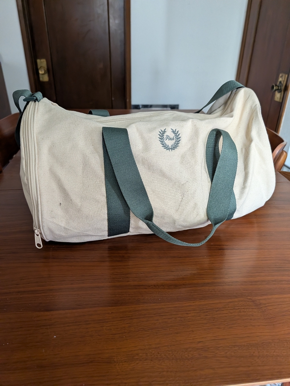Victoria Secret Pink Canvas Duffel Bag with Green Straps Pre Owned